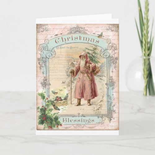 Victorian Santa Claus Pink Tree Birds Christmas Holiday Card