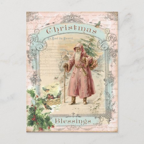 Victorian Santa Claus Pink Tree Birds Christmas Holiday Postcard