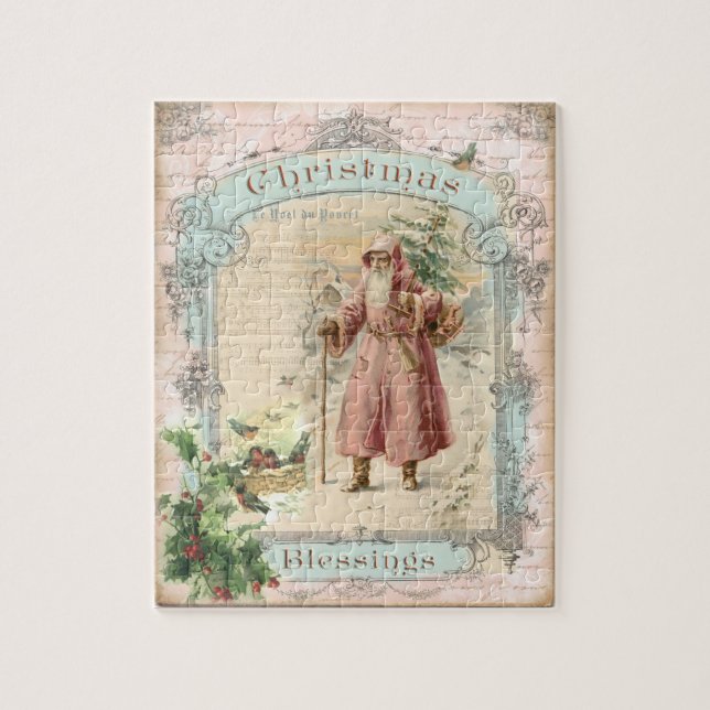 Victorian Santa Claus Pink Tree Birds Christmas Jigsaw Puzzle (Vertical)