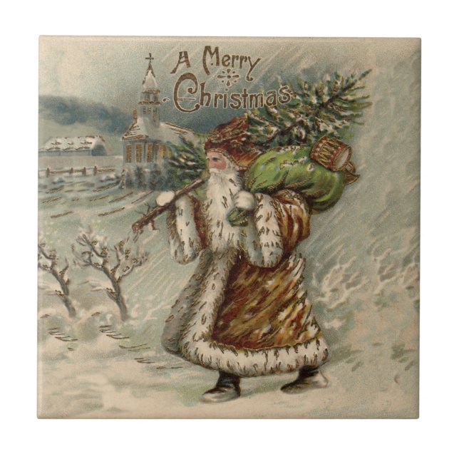 Victorian Santa Claus With Christmas Tree Ceramic Tile (Front)