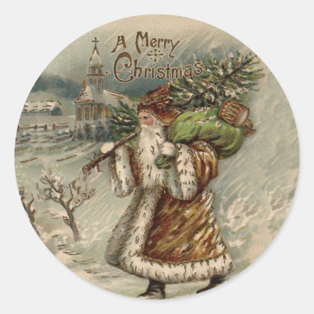 Victorian Santa Claus With Christmas Tree Classic Round Sticker (Front)