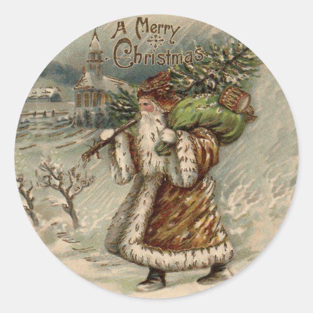 Victorian Santa Claus With Christmas Tree Classic Round Sticker (Front)