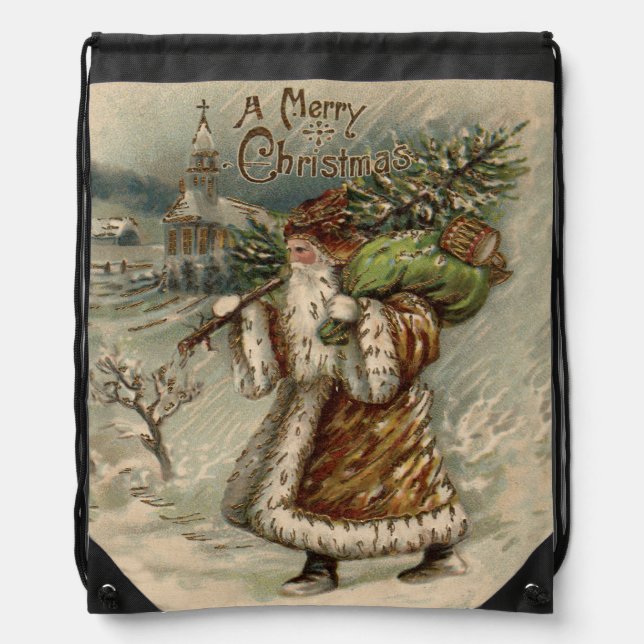 Victorian Santa Claus With Christmas Tree Drawstring Bag (Front)