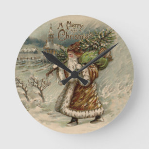 Victorian Santa Claus With Christmas Tree Round Clock