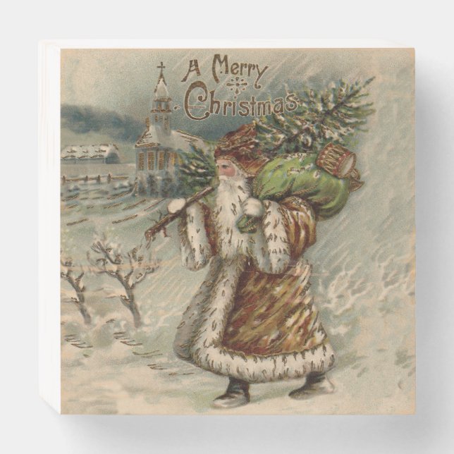 Victorian Santa Claus With Christmas Tree Wooden Box Sign (Front Horizontal)