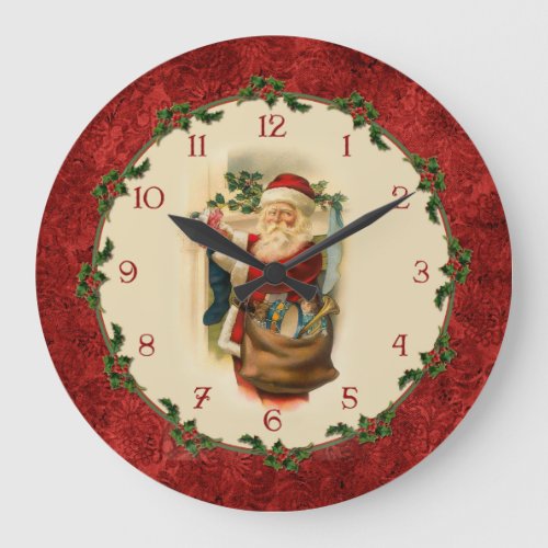 Victorian Santa Claus with Holly Border Large Clock