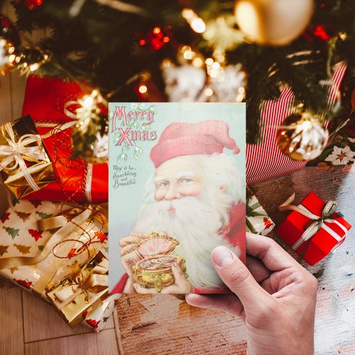 Victorian Santa Claus Xmas Sparkling Bright Holiday Card