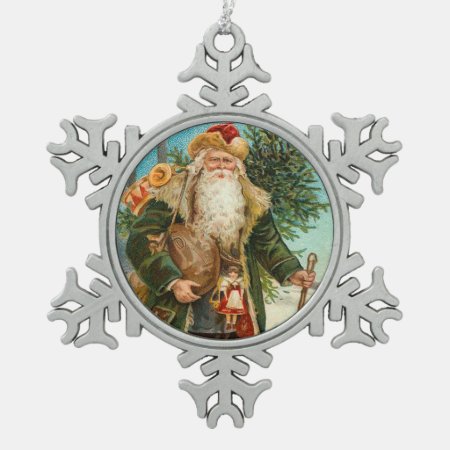 Victorian Santa Delivering Toys Snowflake Pewter Christmas Ornament