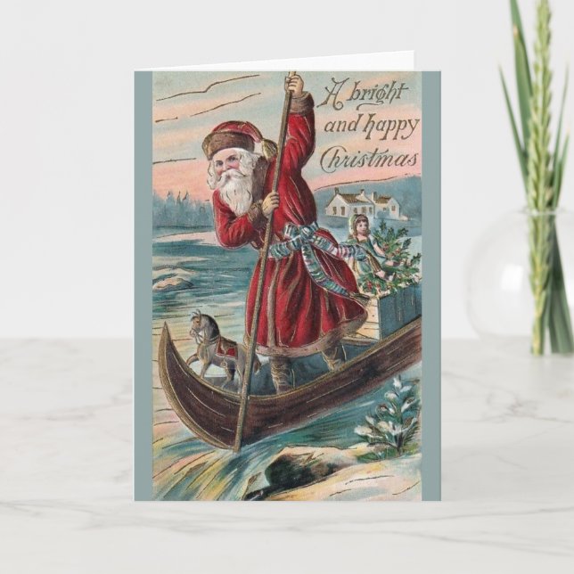 Victorian Santa in Canoe Christmas Greeting Card (Front)