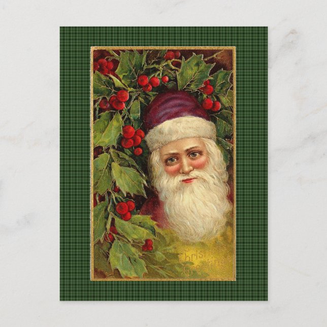 Victorian Santa on Plaid Holiday Postcard (Front)