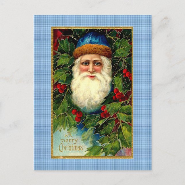 Victorian Santa on Plaid Holiday Postcard (Front)