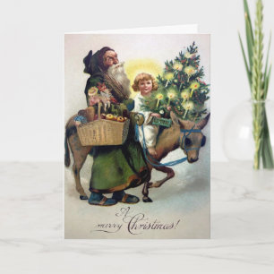 Victorian Santa Riding a Donkey Holiday Card