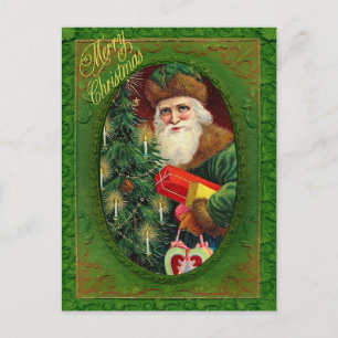 Victorian Santa with Christmas Tree Green Holiday Postcard