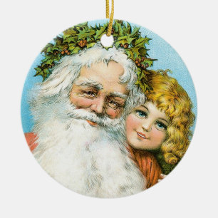 Victorian Santa with Girl Ceramic Ornament
