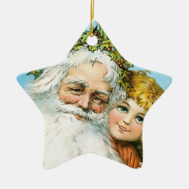 Victorian Santa with Girl Ceramic Ornament (Front)