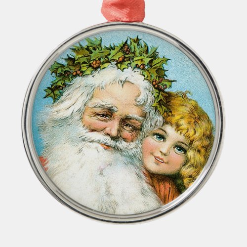 Victorian Santa with Girl Metal Ornament
