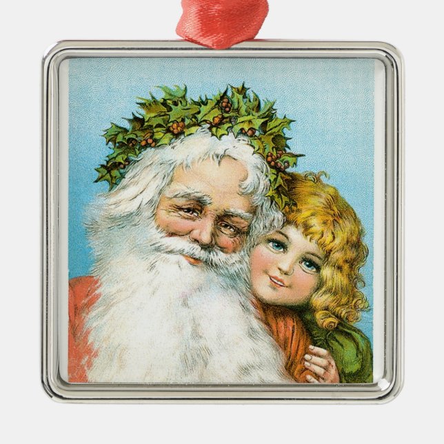 Victorian Santa with Girl Metal Ornament (Front)