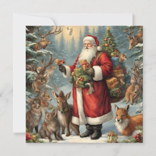 Victorian Santa with Present and Forest Animals  Holiday Card