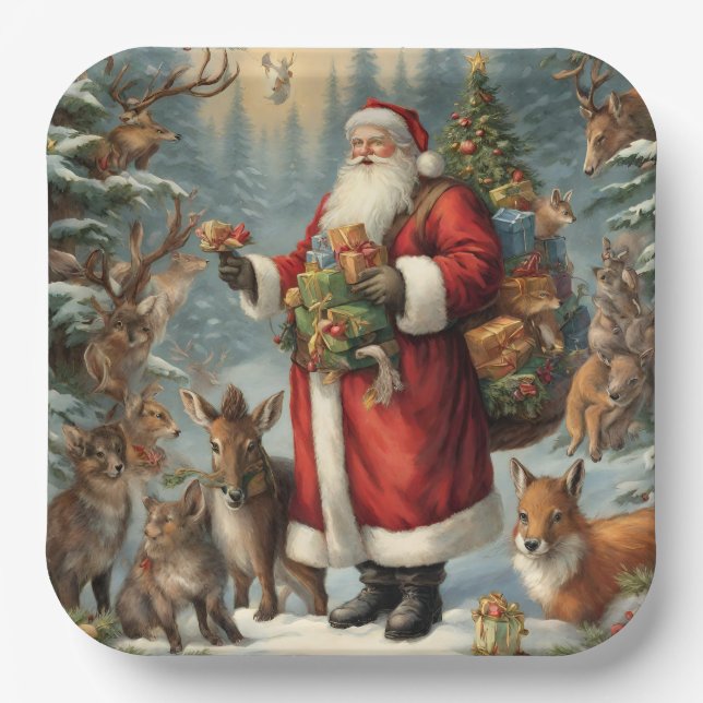 Victorian Santa with Present and Forest Animals  Paper Plates (Front)
