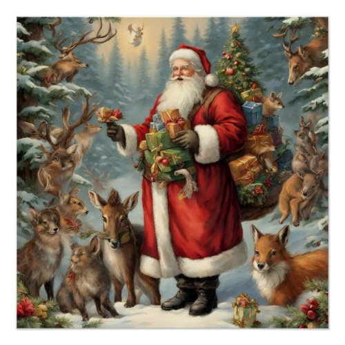Victorian Santa with Present and Forest Animals  Poster