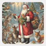 Victorian Santa with Present and Forest Animals  Square Sticker