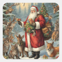 Victorian Santa with Present and Forest Animals 