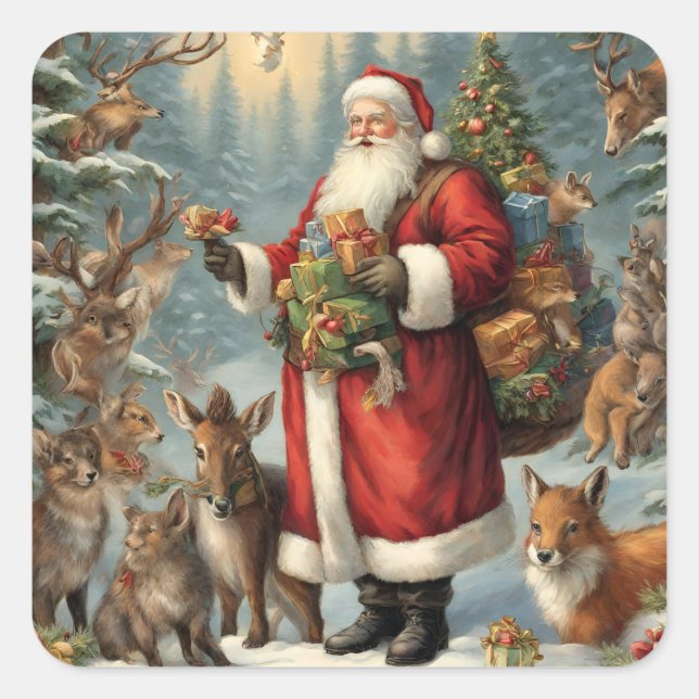 Victorian Santa with Present and Forest Animals  Square Sticker (Front)