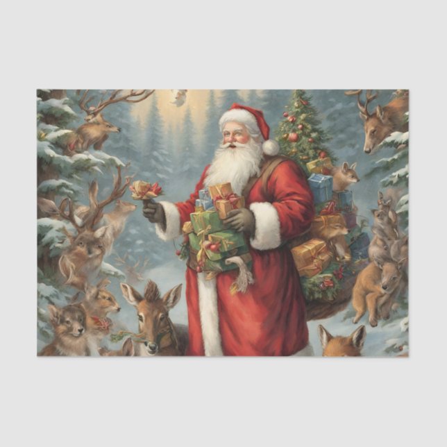 Victorian Santa with Present and Forest Animals  Tissue Paper (Front)