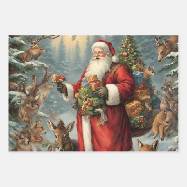 Victorian Santa with Present and Forest Animals  Wrapping Paper Sheets (Front)