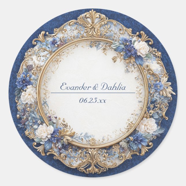 Victorian Sapphire Blue Gold Floral Wedding Classic Round Sticker (Front)