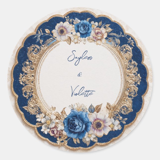 Victorian Sapphire Blue Gold Scalloped Wedding Classic Round Sticker (Front)