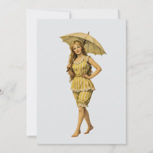 Victorian Seaside Girl with Parasol Yellow Stripes Note Card