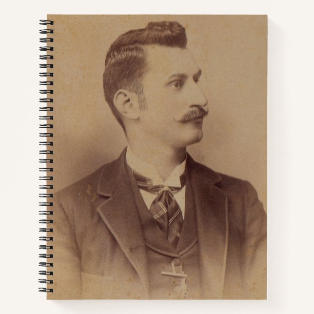 Victorian sepia curly mustache man notebook (Front)