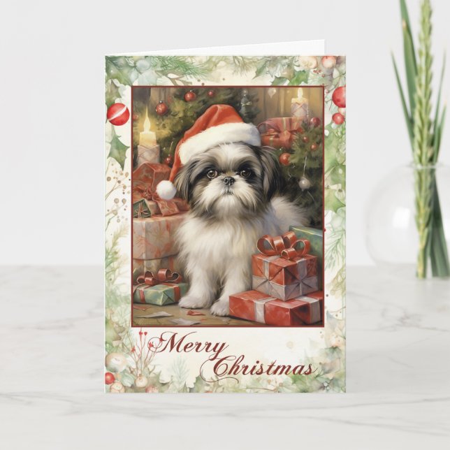 Victorian Shih Tzu Puppy Christmas Holiday Card (Front)