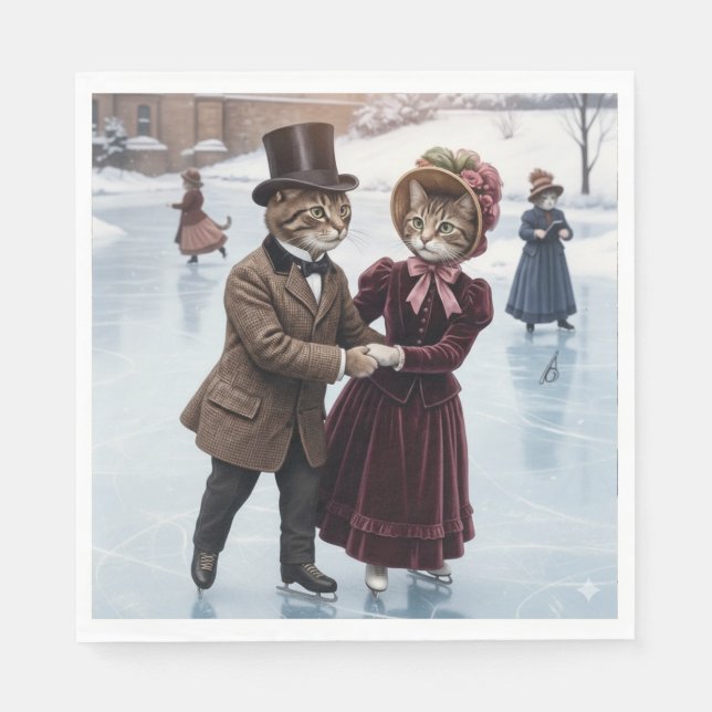 Victorian Skating Cats Napkins (Front)