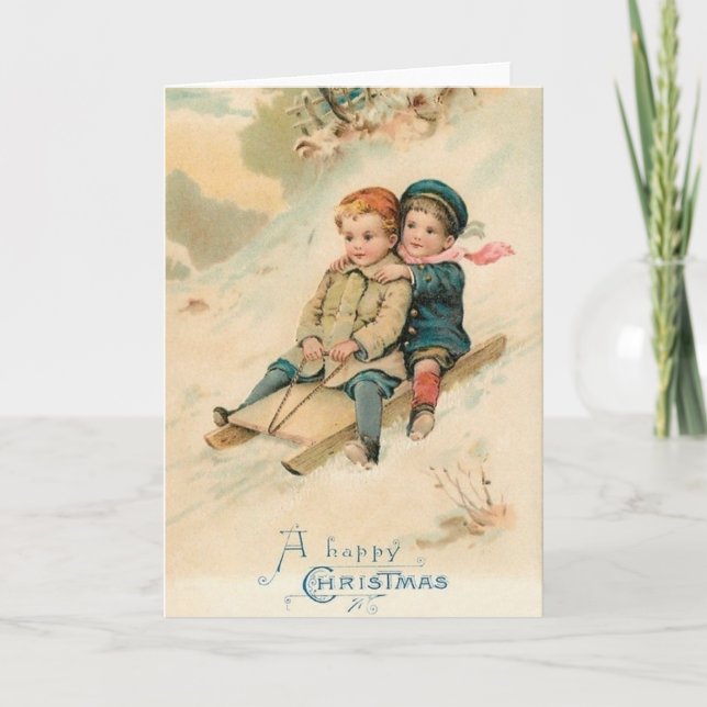 Victorian Sledding Happy Christmas Greeting Card (Front)