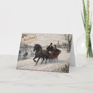 Victorian sleigh ride through snowy village holiday card