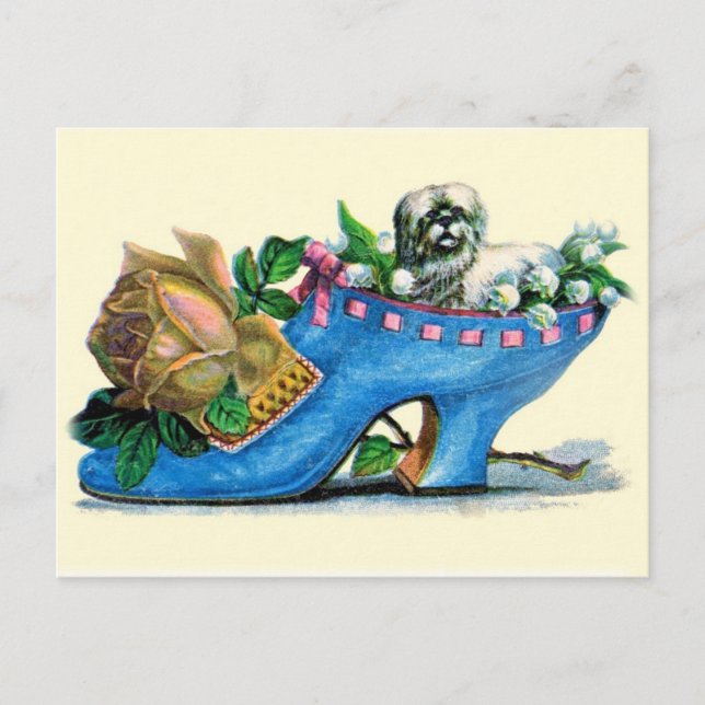 Victorian Slipper with Puppy and Rose Postcard (Front)