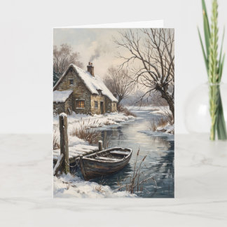 Victorian Snowy Riverside Cottage Christmas Card