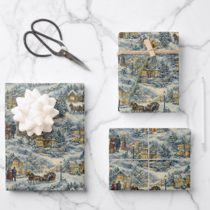 Victorian Snowy Village Christmas Illustration Wrapping Paper Sheets