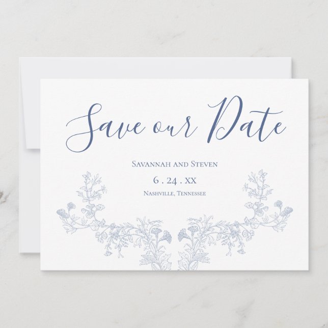 Victorian Soft Blue Floral Save the Date (Front)