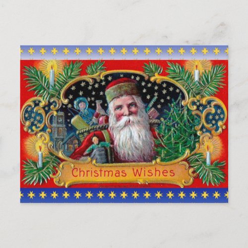 Victorian St Nick with Gold Stars and Toys Holiday Postcard