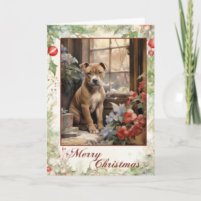 Victorian Staffordshire Bull Terrier Christmas Holiday Card (Front)