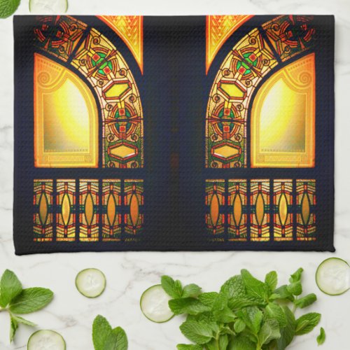 Victorian stained glass black gold elegant kitchen towel