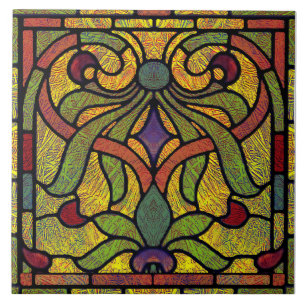 Victorian Stained Glass in Green and Gold Ceramic Tile