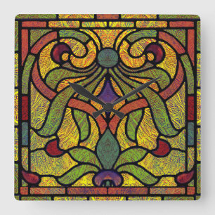Victorian Stained Glass in Green and Gold Square Wall Clock
