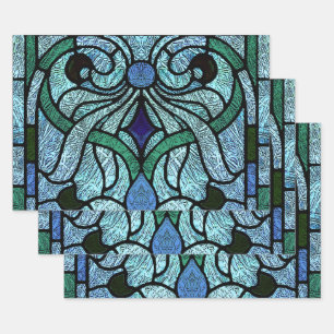 Victorian Stained Glass in Rich Blue Wrapping Paper Sheets