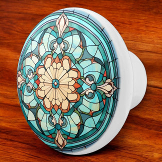 Victorian Stained Glass Pattern Aqua Turquoise Ceramic Knob