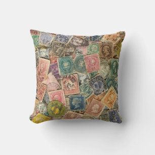 Victorian Stamp Collage Throw Pillow
