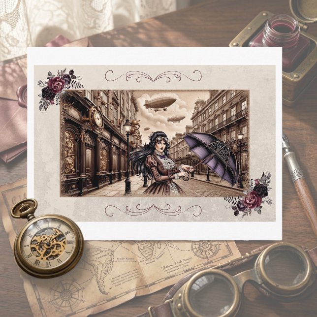 Victorian Steampunk Airship Umbrella Postcard (Vintage Victorian Woman with Umbrella Postcard)